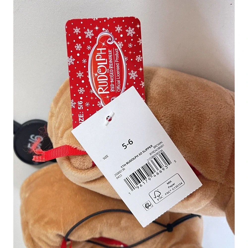 Rudolph Toddler Christmas Slippers The Red Nosed Reindeer Brown Size 5/6 NWT